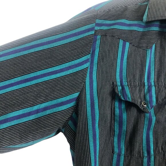 Vtg Panhandle Slim Western Pearl Snap Shirt 16-1/2 35 Blue Striped USA Pockets - Picture 4 of 10